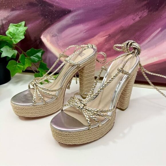 Paige Carson Braided Metallic Ankle WrapPlatform Block Heel Sandal Platinum 8.5 - Picture 5 of 13